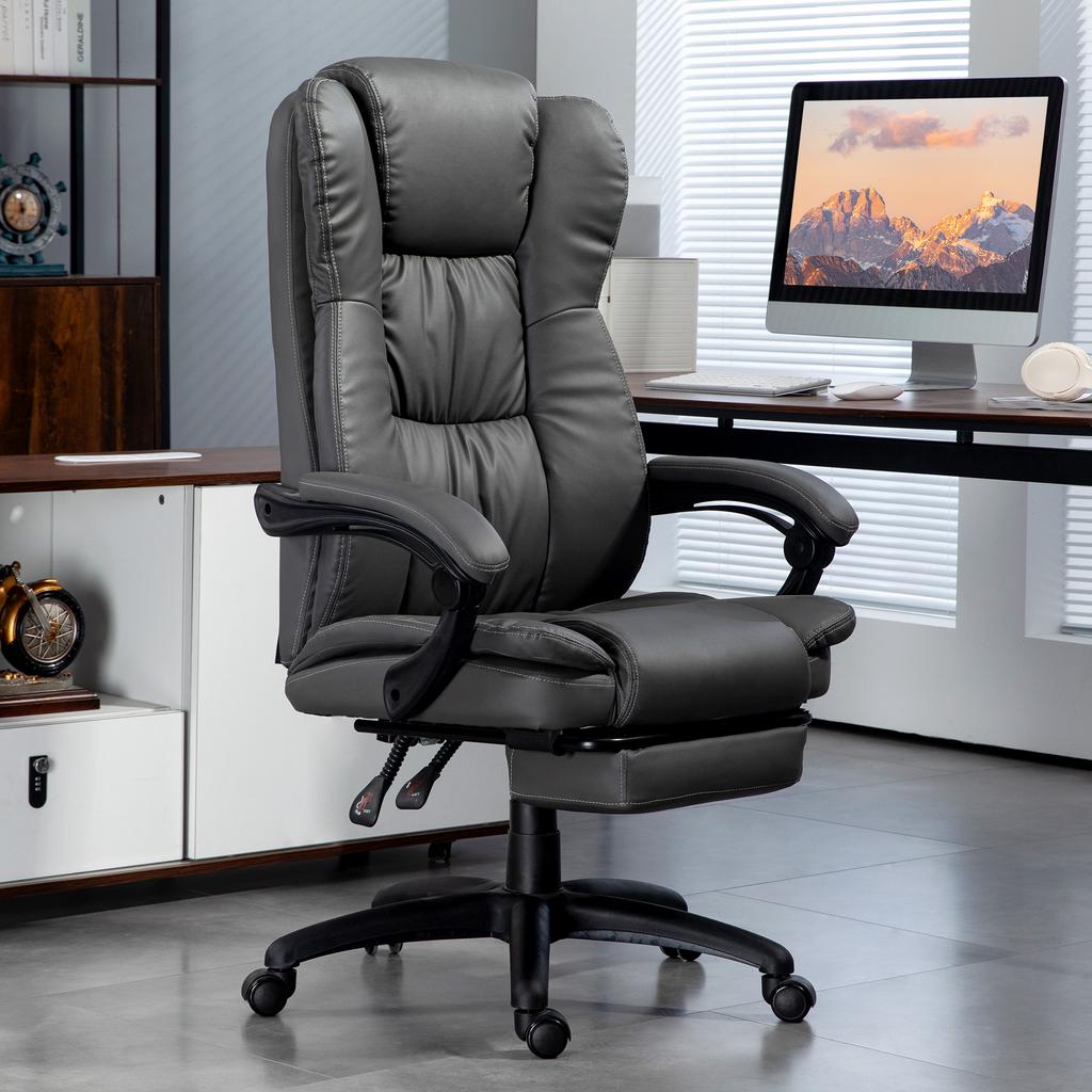 Adjustable Swivel Chair with Footrest, Headrest, Massage Function, Faux Leather, 68.5x68.5x113-121cm, Dark Grey
