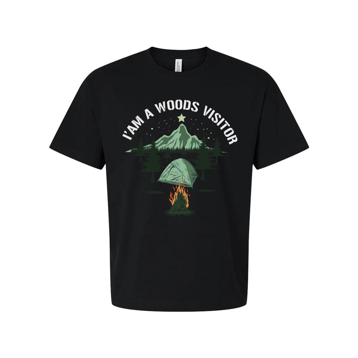 

I Am A Woods Visitor Camping Tee With Tent Campfire And Mountain Forest Scenic A L