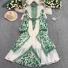 Retro temperament printed stand-up collar lantern sleeve dress women's summer new waist thin pleated pendulum long skirt