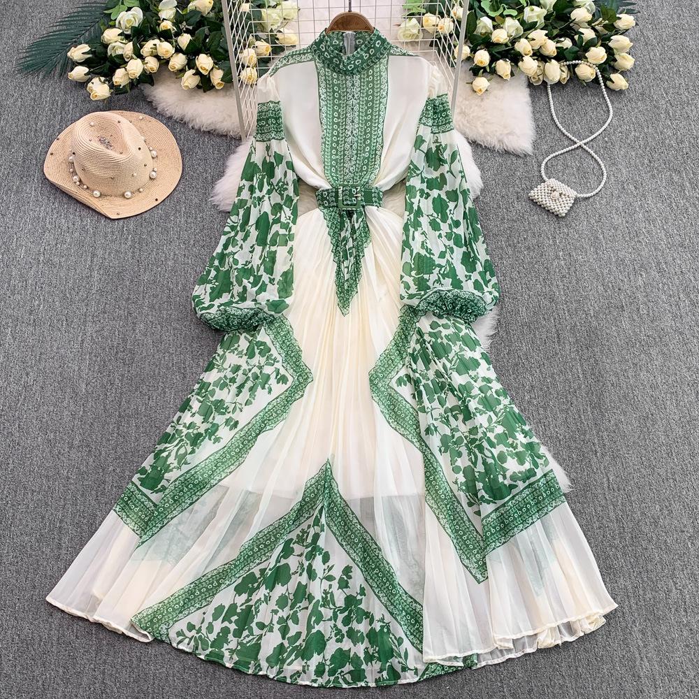 Retro temperament printed stand-up collar lantern sleeve dress women's summer new waist thin pleated pendulum long skirt
