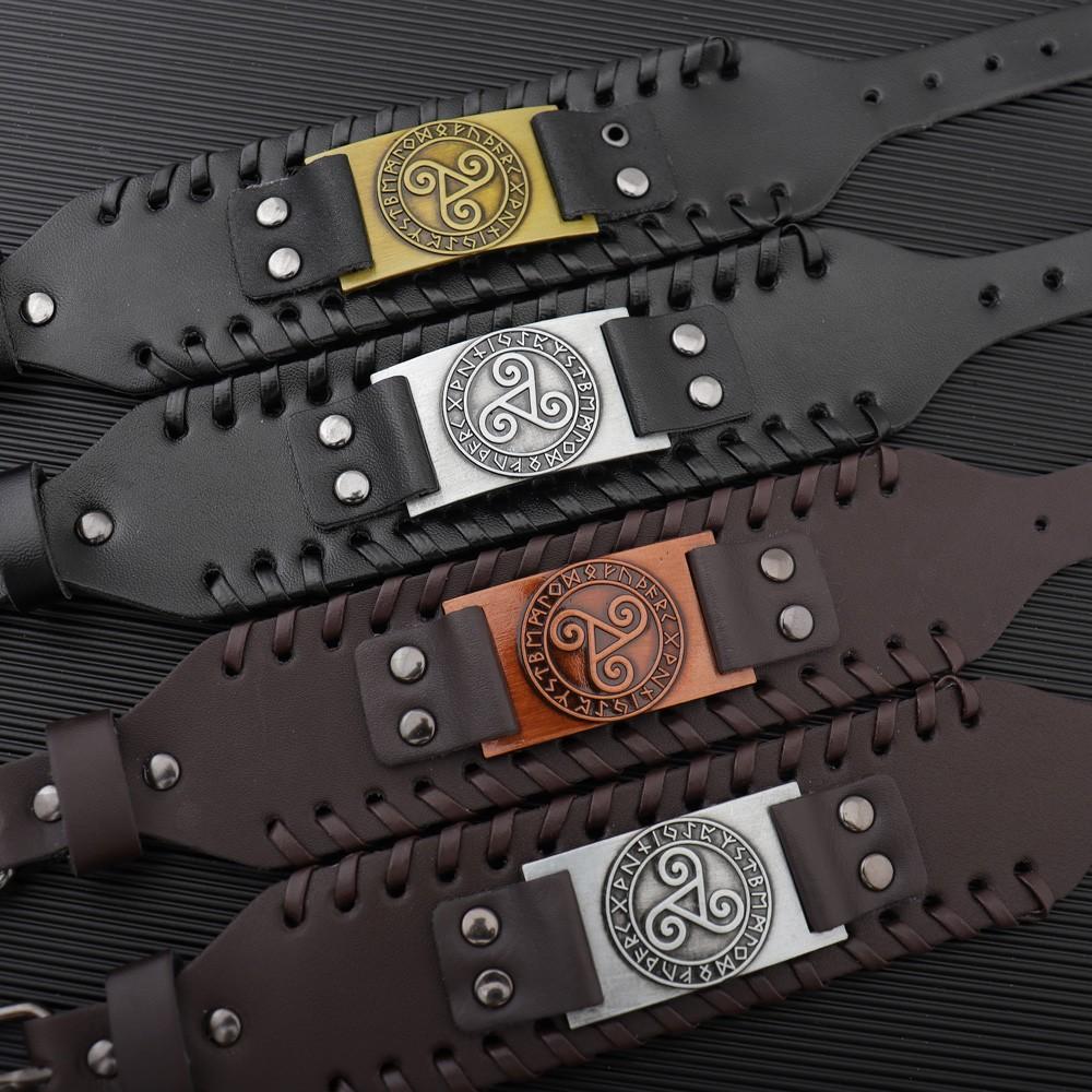 New Retro Wide Leather Nordic Rune of Odi Bracelet for Men Celtic Viking Solomon Pattern Party Gifts Accessories