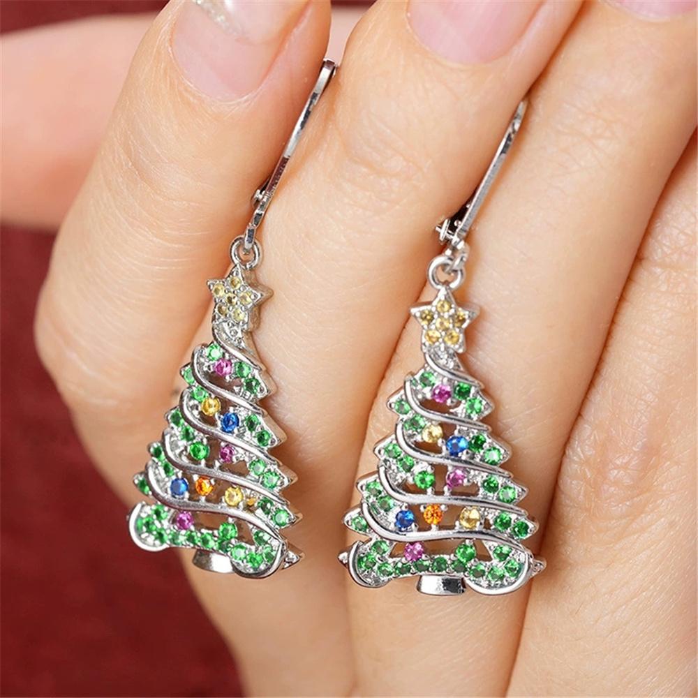 Charm Female Christmas Tree Plant Hoop Earrings Vintage Fashion Silver Color Wedding  For Women