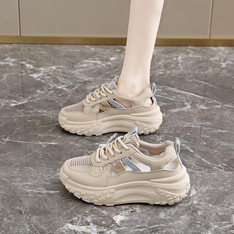 Foreign Trade Hollow Muffin Shoes 2025 Summer Breathable Heightening Retro Sports Shoes Mesh Hong Kong Style Casual Dad Shoes Women