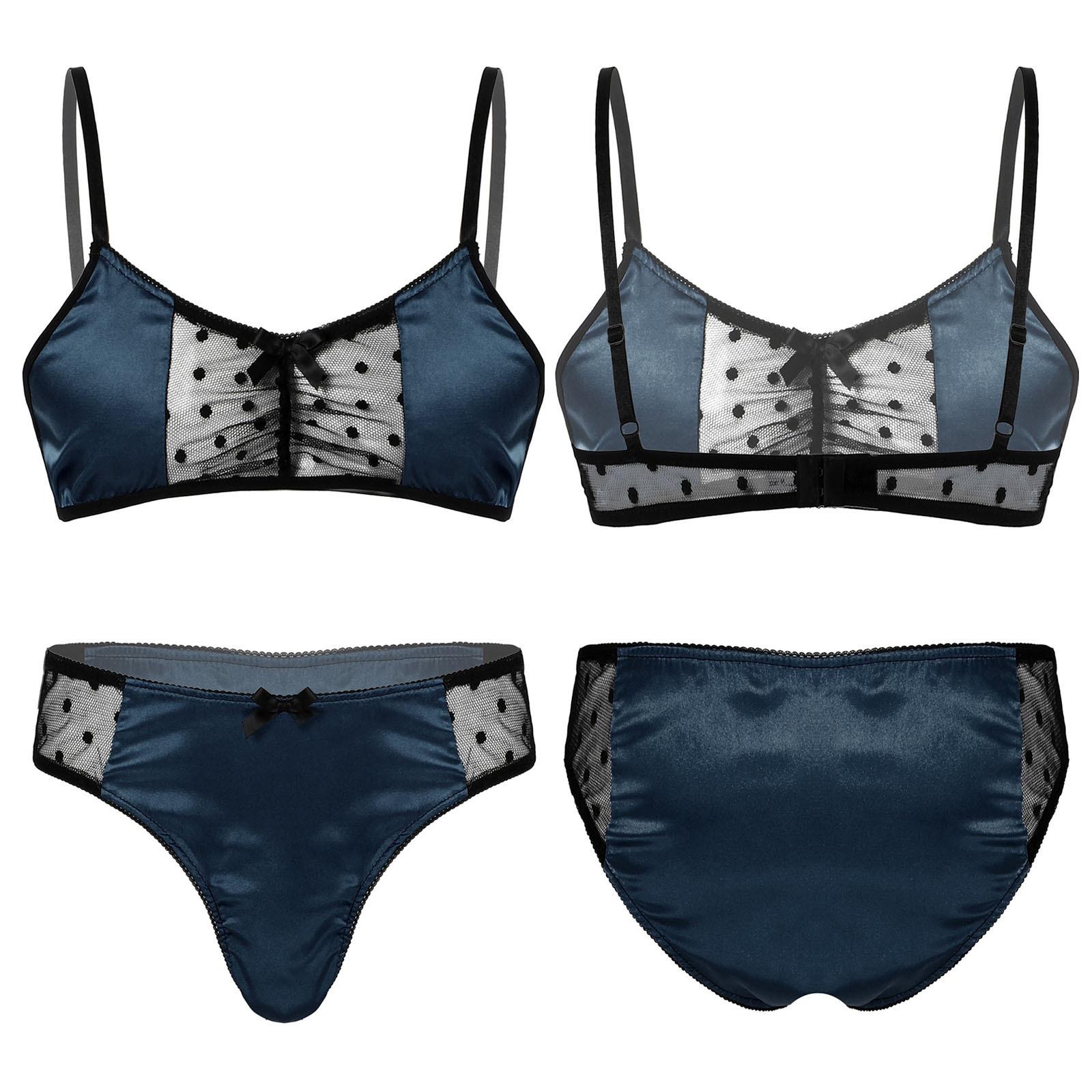 

Чоловічий атласний білизняний костюм Sissy Nightwear Sheer Mesh Petchwork Bra Tops with Briefs Thong Panties M