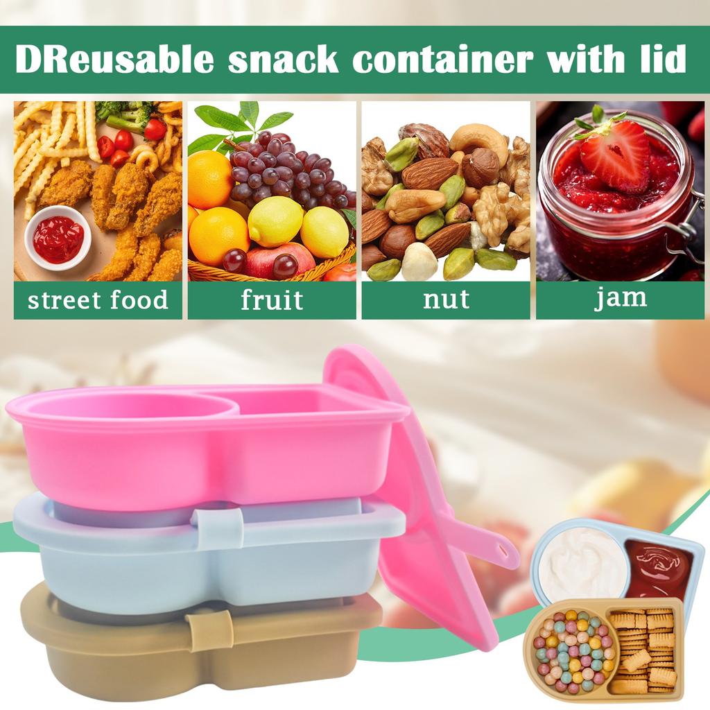 Silicone Reusable Snack Box With Lid, Double Compartment Snack Box, Dressing Condiment Box