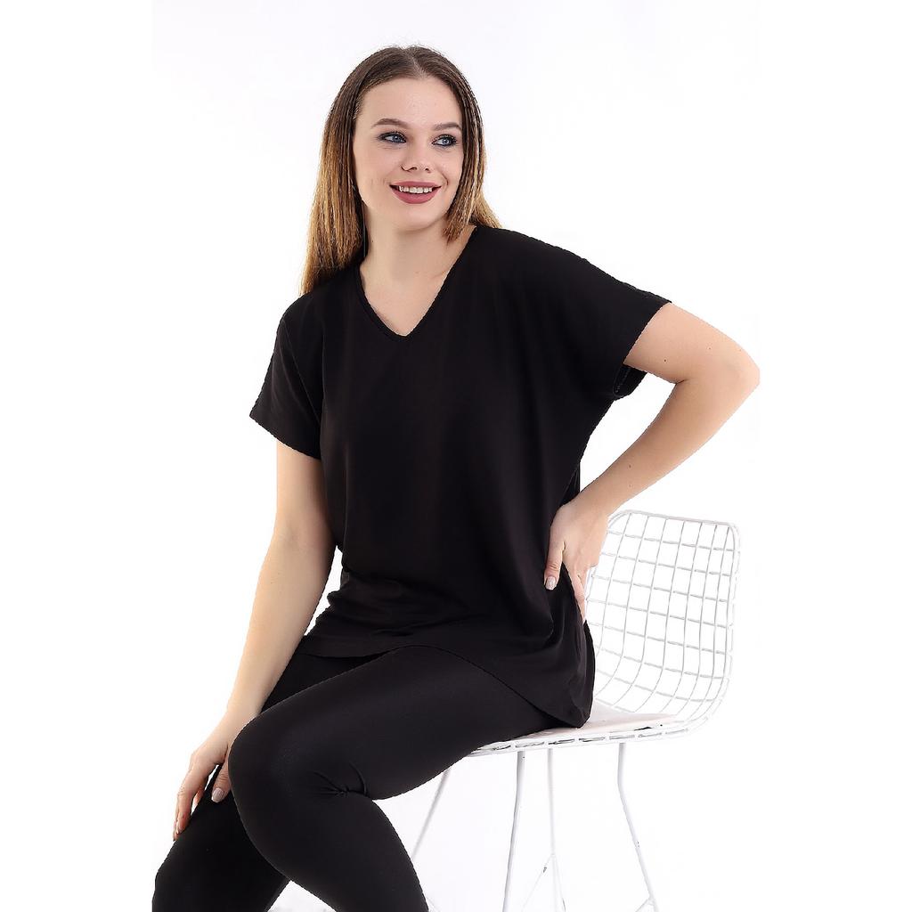 Damen Schwarzes Übergröße Basic T-Shirt mit V-Ausschnitt