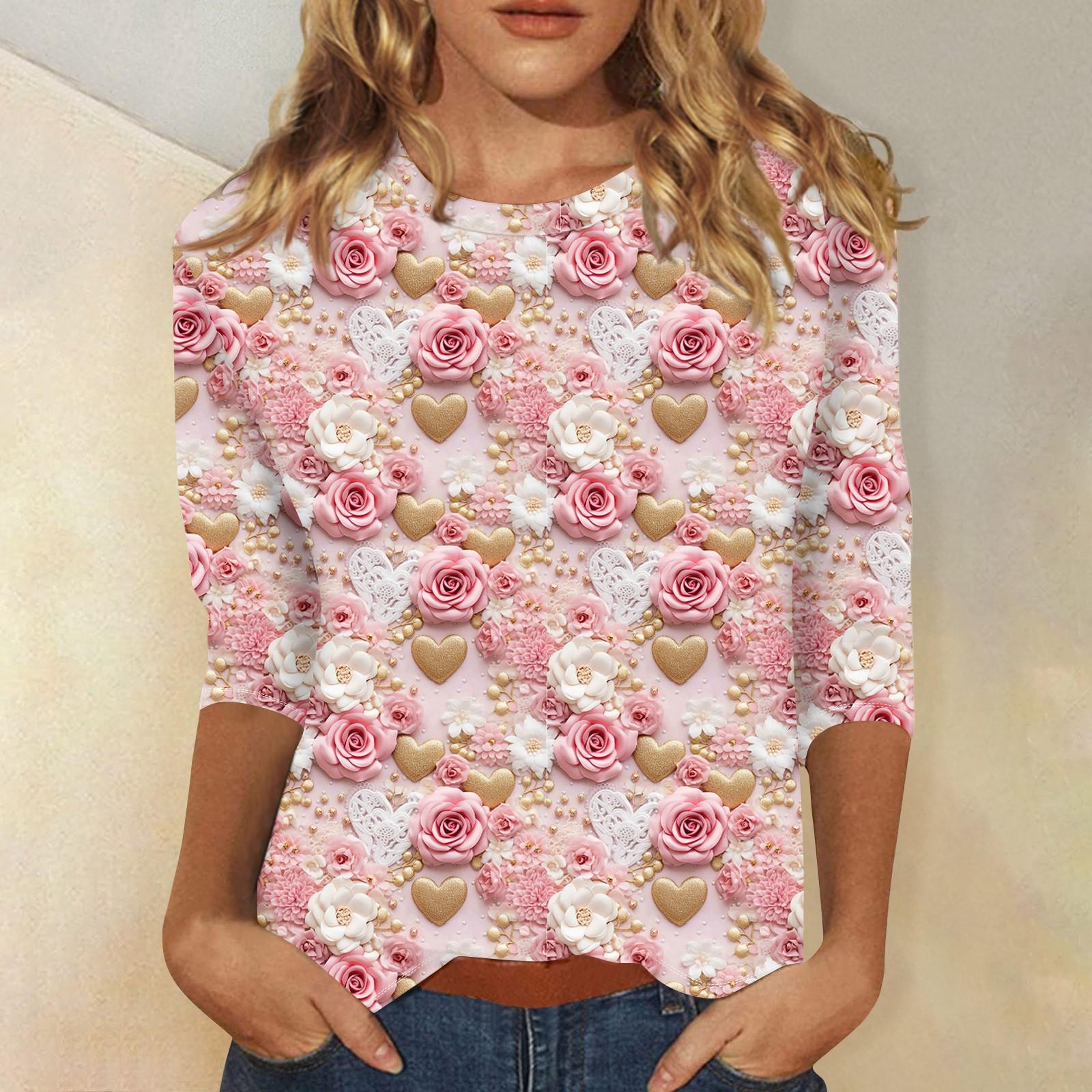 

Женская повседневная свободная футболка с круглым вырезом и принтом ко Дню святого Валентина с рукавами три четверти L бежевый