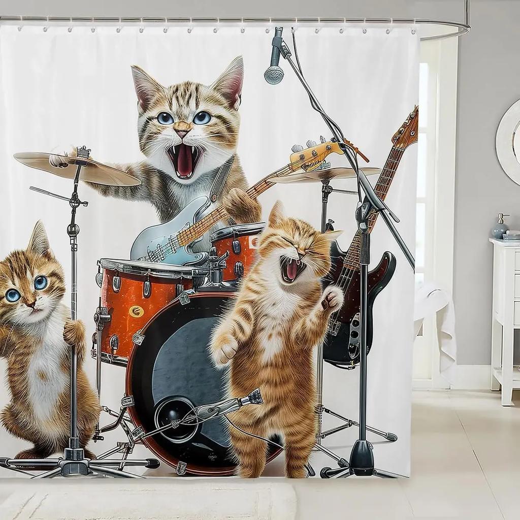 3D Black Cat Shower Curtain Green Plants Patchwork Geometric Plaid Bathroom Curtain for Kids Teens Adults Cute Pet Animal Mode