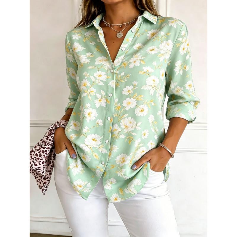 Women's Long Sleeve Floral Print Button Down Casual Shirt Elegant Daily Blouse Tops in Blue for Spring Summer