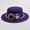 French Style Women's Pearl Chain Fedora Hat Autumen Winter Ladies Flat Top Felt Flat Top Hat