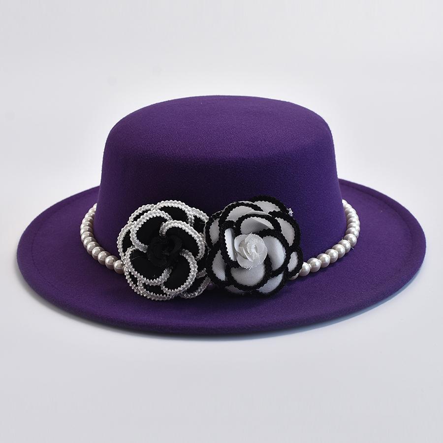 French Style Women's Pearl Chain Fedora Hat Autumen Winter Ladies Flat Top Felt Flat Top Hat
