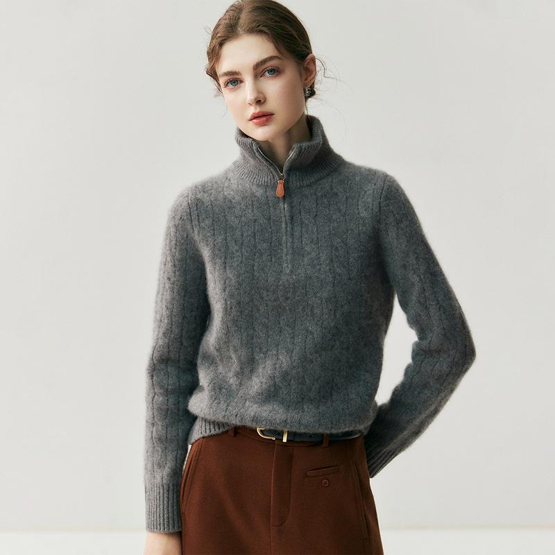 Women's High Neck Half-Zip Cable Knit Cashmere Sweater - Loose Fit, Autumn/Winter Style