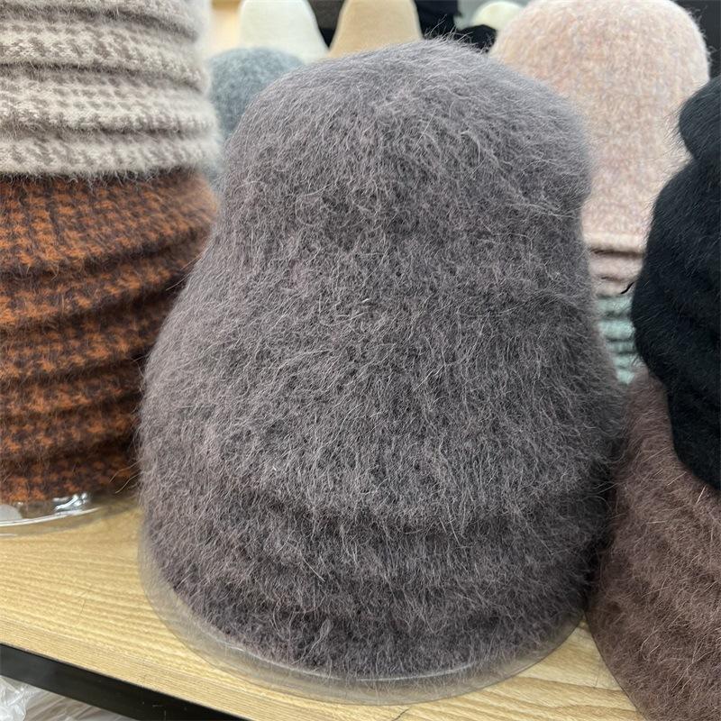

Angora rabbit fur blended plush bucket hat women s winter warm fashion wool straight bell basin hat M（56-58cm）
