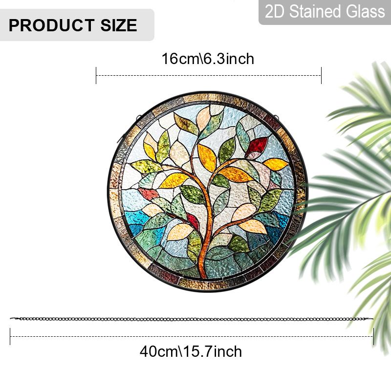 2D Flat Stained Glass Nature Branches and Leaves Window Decoration, 6.3/7.87inches Colored Glass Plate with Chain, Charming Spring Summer Sun Catcher