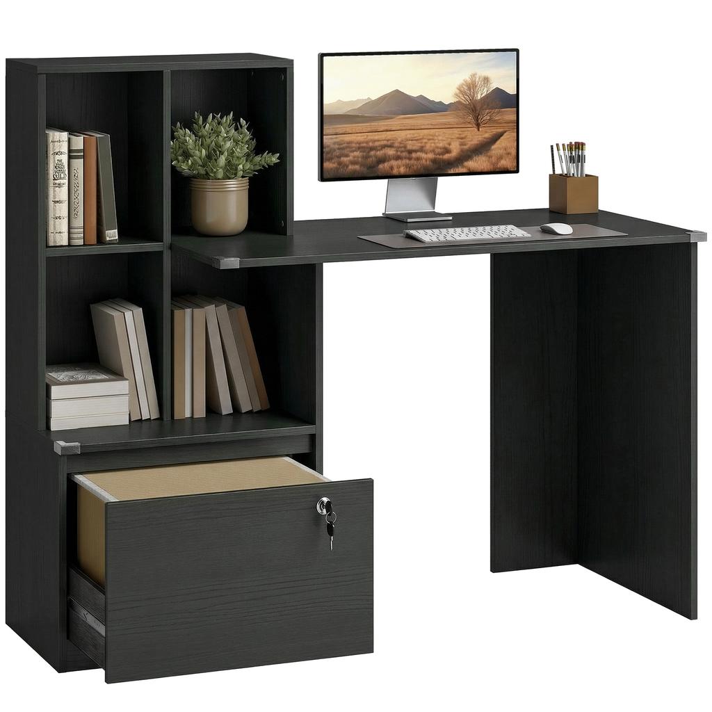 Computer Desk with 4-Compartment Bookcase, Lockable Drawer, 126 x 50 x 109 cm, Black