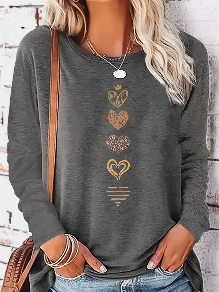 Women's Autumn and Winter Fashionable Casual Loose Heart-shaped Pattern Printed Round Neck Long Sleeved T-shirt
