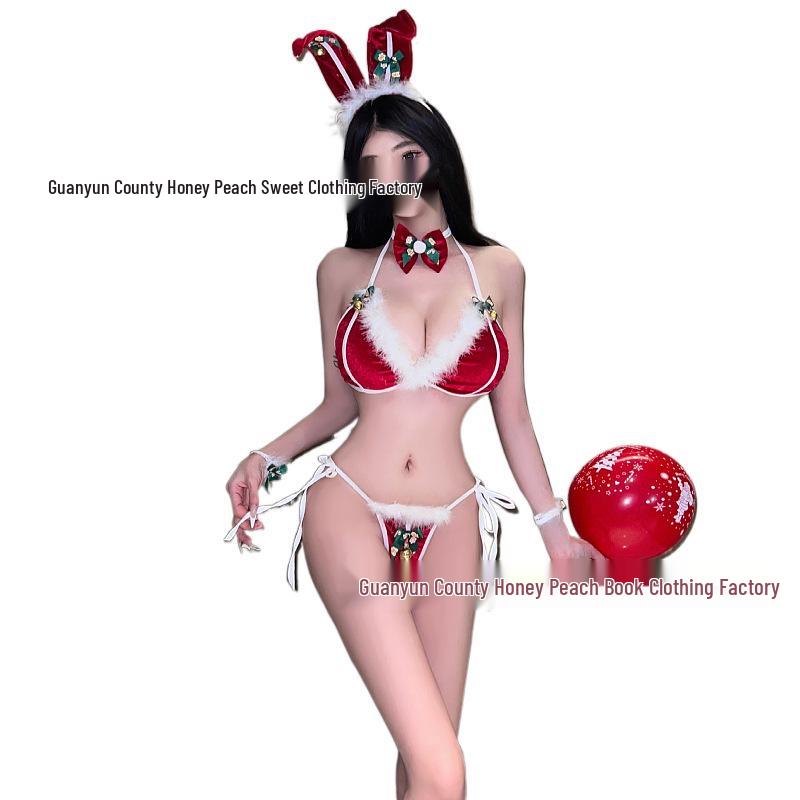 Christmas Bunny Lingerie Set: Sexy Jingle Bell Bra & Panties Nightwear for Role Play