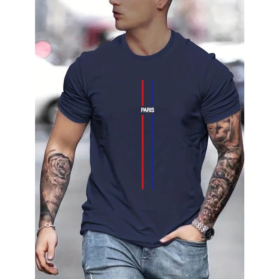 Men's Summer Loose Fit PARIS Print T-shirt Tops Fitness Sportswear Stretch Breathable Oversized Shirt Men's Clothing
