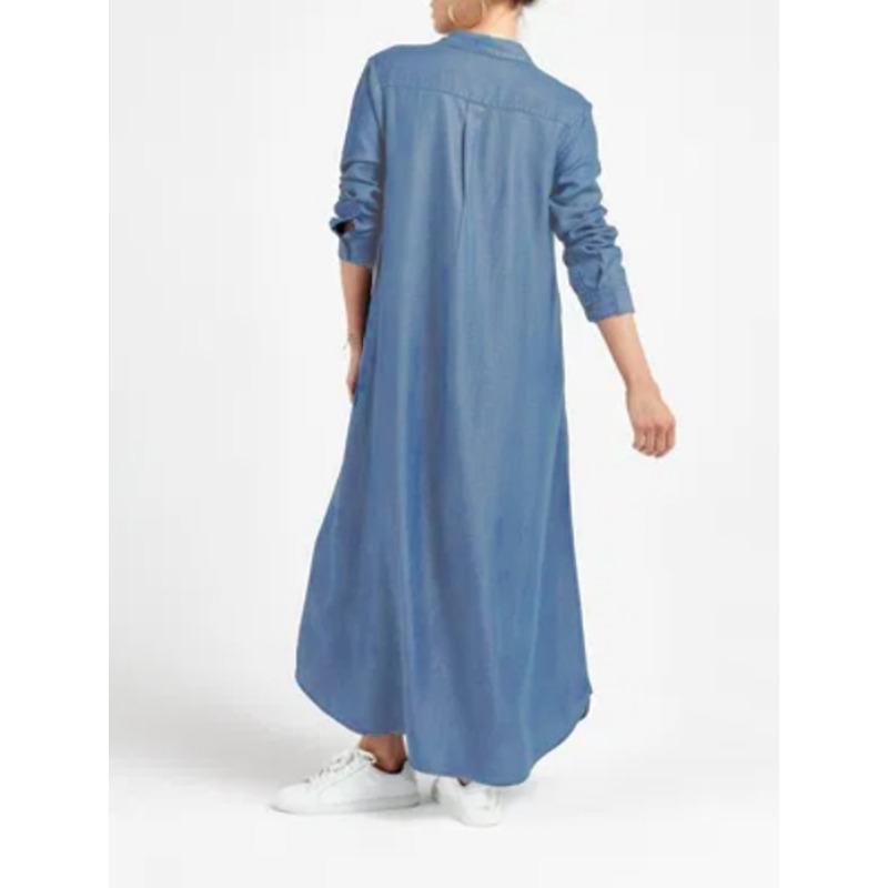 Plus Size Solid Color Denim Maxi Dress: V-Neck Long Sleeve A-Line Cut Dress for Women, Casual Comfortable Everyday Casual Chic Outfit