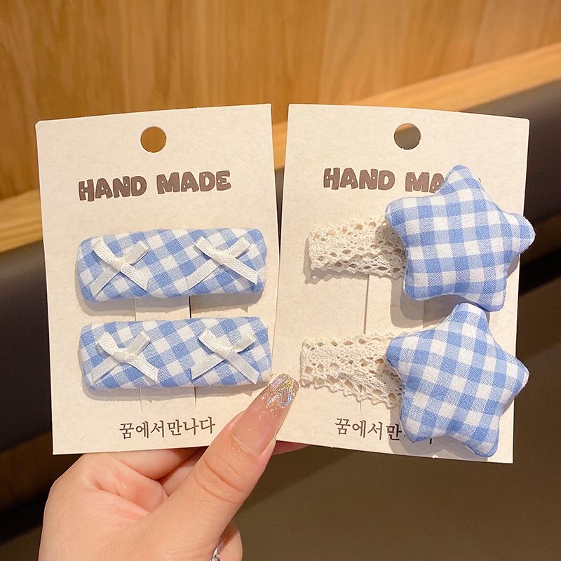 Korean Style Blue Lace Plaid Hair Clip: Fresh, Sweet, and Versatile BB Clip for Children's Bangs.