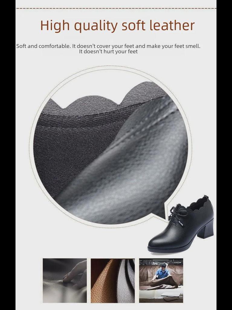 Spring Autumn Four Seasons Women Mid-Heeled Leather Bow Shoes Soft Versatile Comfortable High Heels