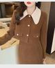 Women's French Retro Corduroy Two-Piece: Doll Collar Short Coat & Slim Long Skirt In Autumn Contrast Colors