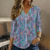 Womens 3/4 Sleeve V Neck Henley Pullover Top Geometric Print Casual Loose Fit Tunic Shirt