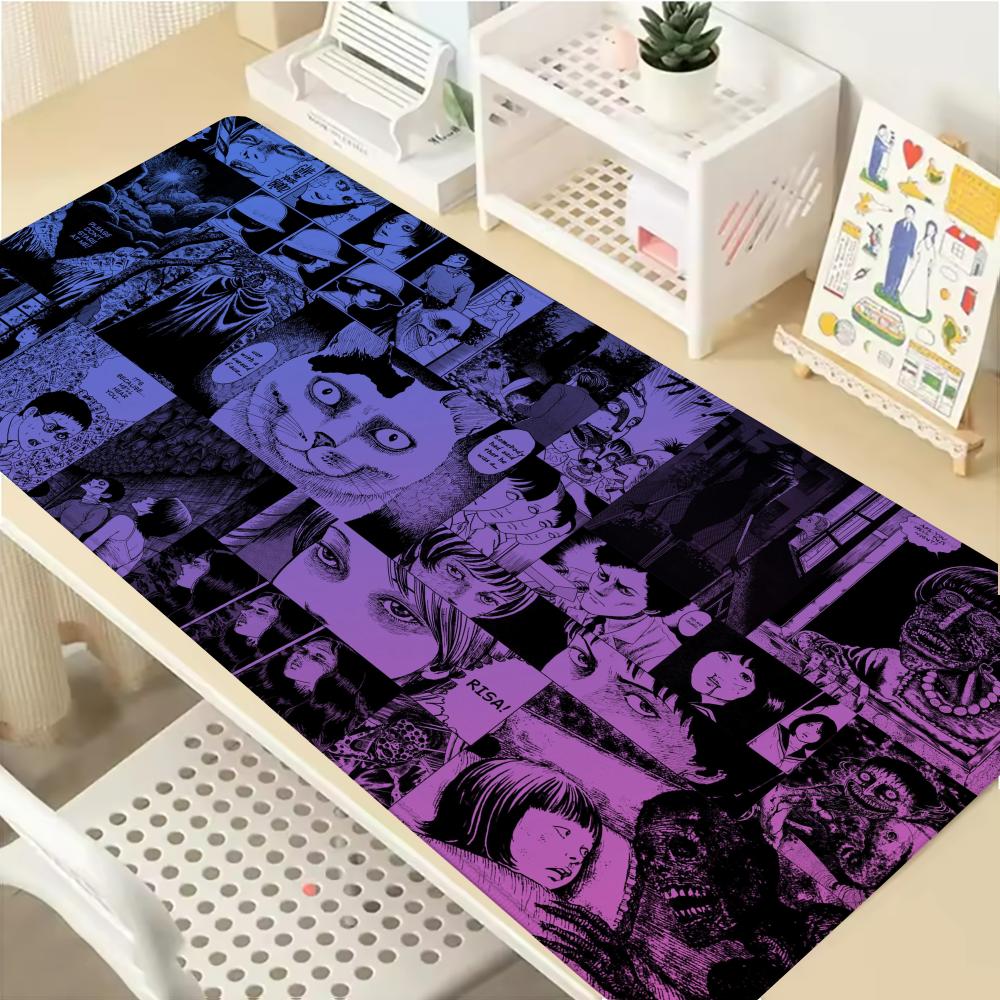 Gaming Mouse Pad with Antislip Base and Stitched EdgesBlack White Horror Manga Girl Print Desk Mat for PC Laptop Gaming