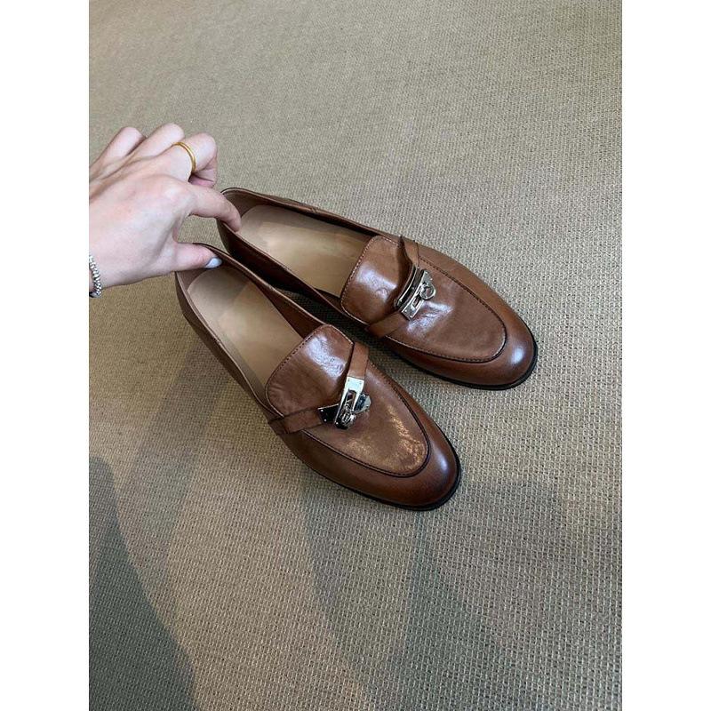 Sheepskin version~ Genuine leather retro horseback buckle loafers women's flat single shoes lazy people pedal British style small leather shoes