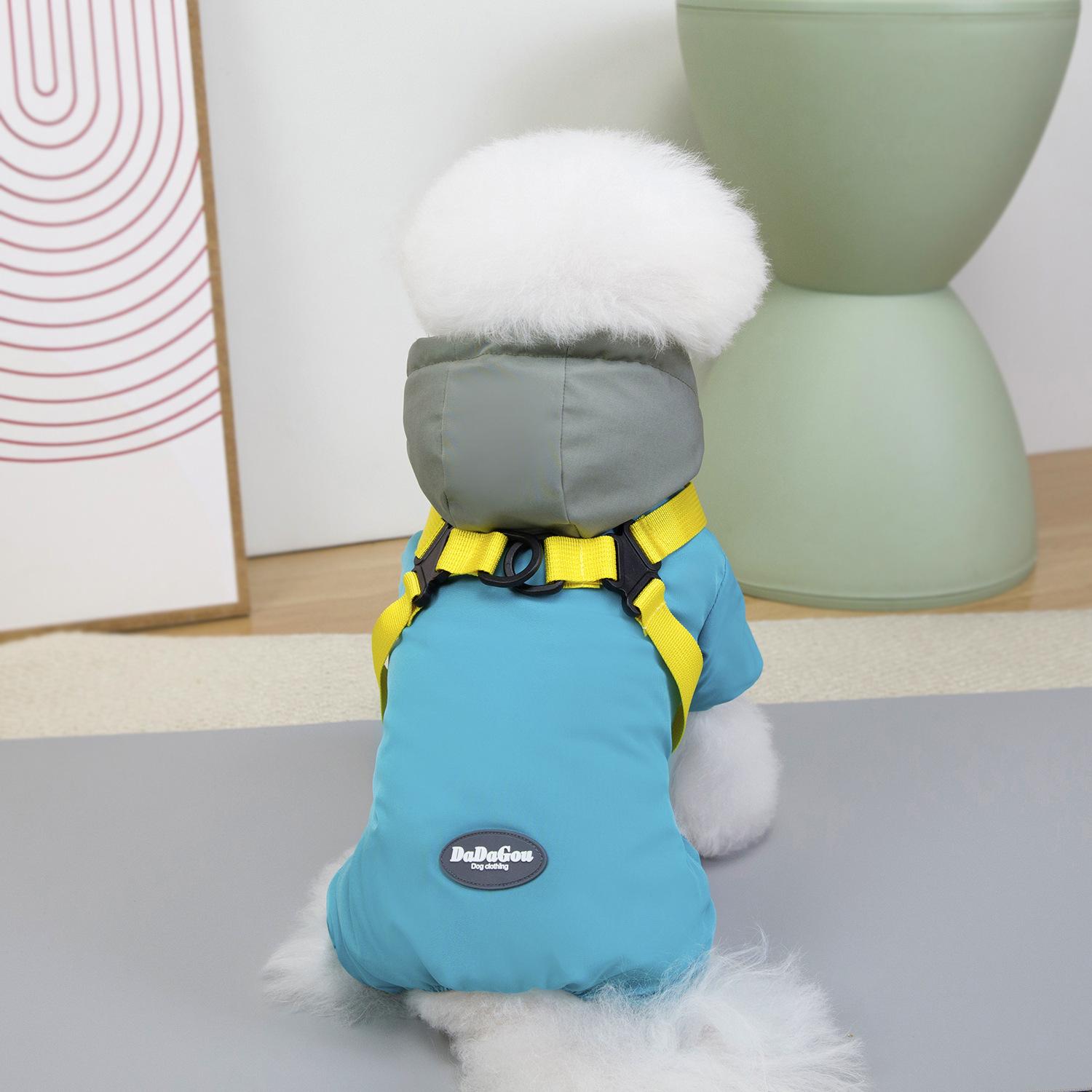 

Зимнее утолщенное четырехлапое хлопковое пальто для собаки-тедди с ремнем-шлейкой и пряжкой, зимняя одежда для питомца для маленьких пород, наряд для холодной погоды S синий