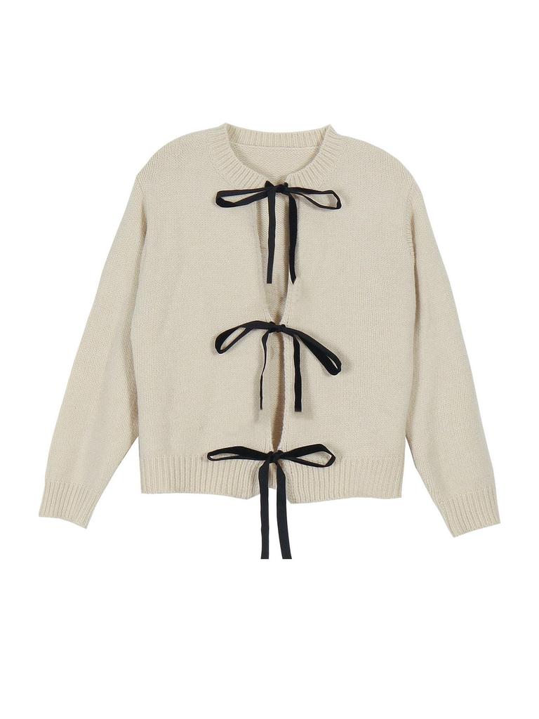 Autumn/Winter 2025 Women's Contrast Bow Tie Long Sleeve Knit Sweater