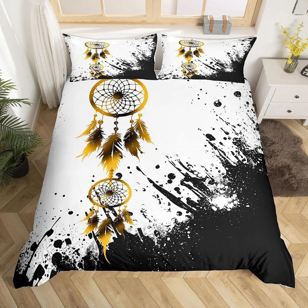 Conjunto de Cama Apanhador de Sonhos Boho Mandala Capa de Edredom Solteiro King, Capa de Edredom Exótica Tribal Pena Céu Estrelado Galáxia
