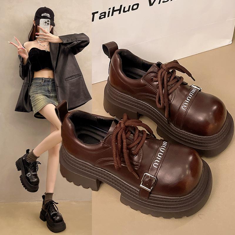 European Station Platform Big Head Loafers Women's Shoes 2025 Spring New British Style Heightening Small Leather Shoes Lace-up Single Shoes