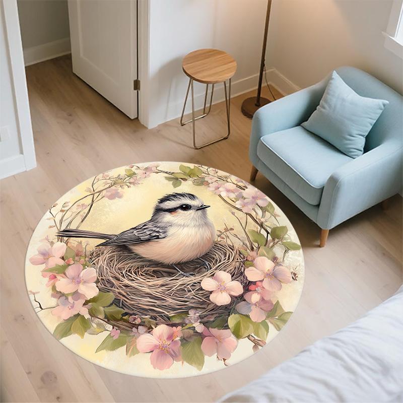 Flower Bird,Round Area Rug,Carpet Rug for Living Room Bedroom Sofa Playroom Decor,Non-slip Floor Mat