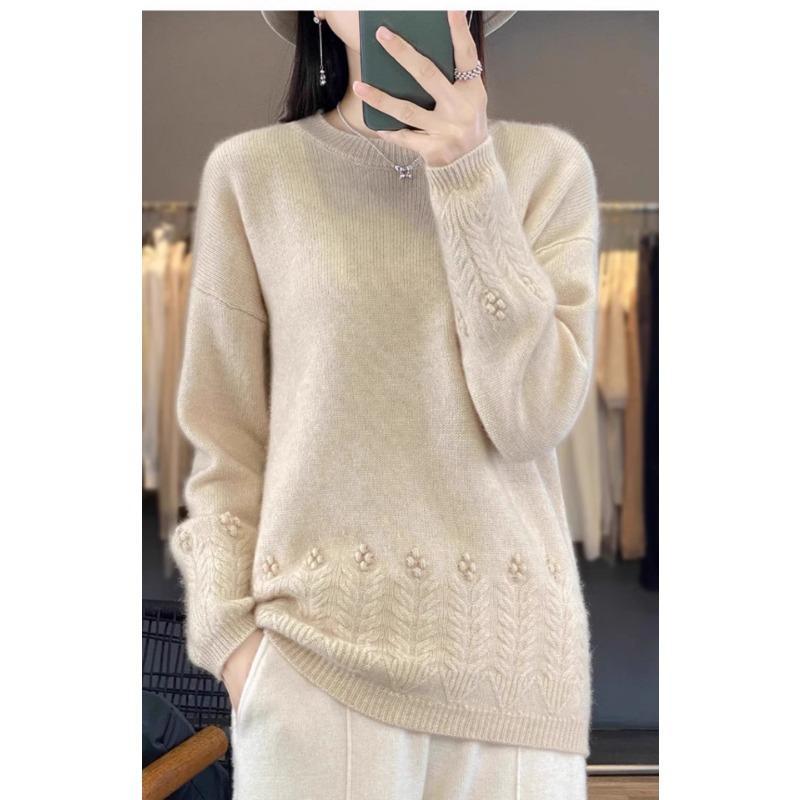 

Круглый вырез с длинными рукавами свитер женский свободный жаккардовый низ рубашки повседневные универсальные топы осень и зима 2XL бежевый