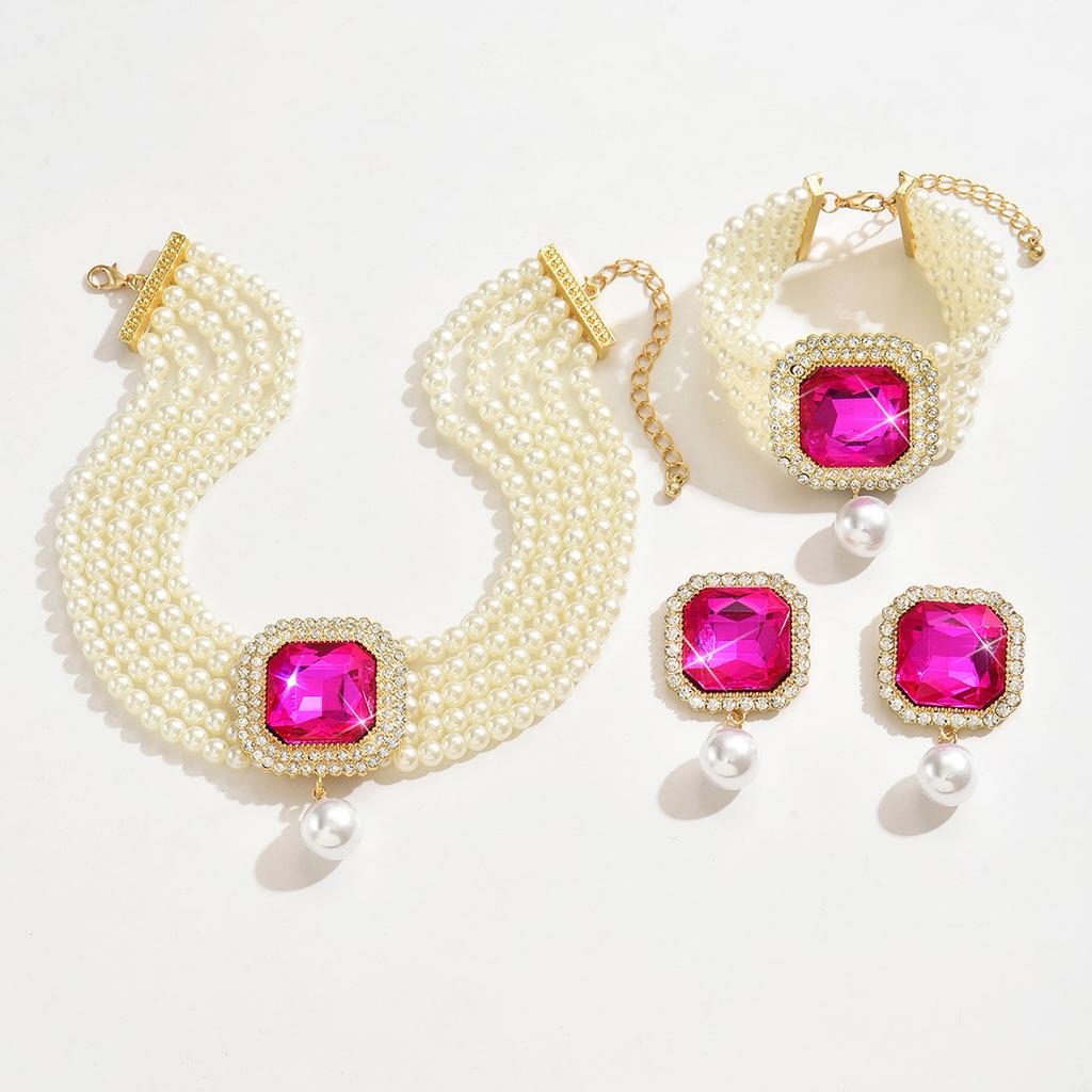 Luxurious Multi-Layer Imitation Pearl Geometric Crystal Full Diamond Colored Pearl Three-Piece Set Of Fashion Exaggerated Accessories