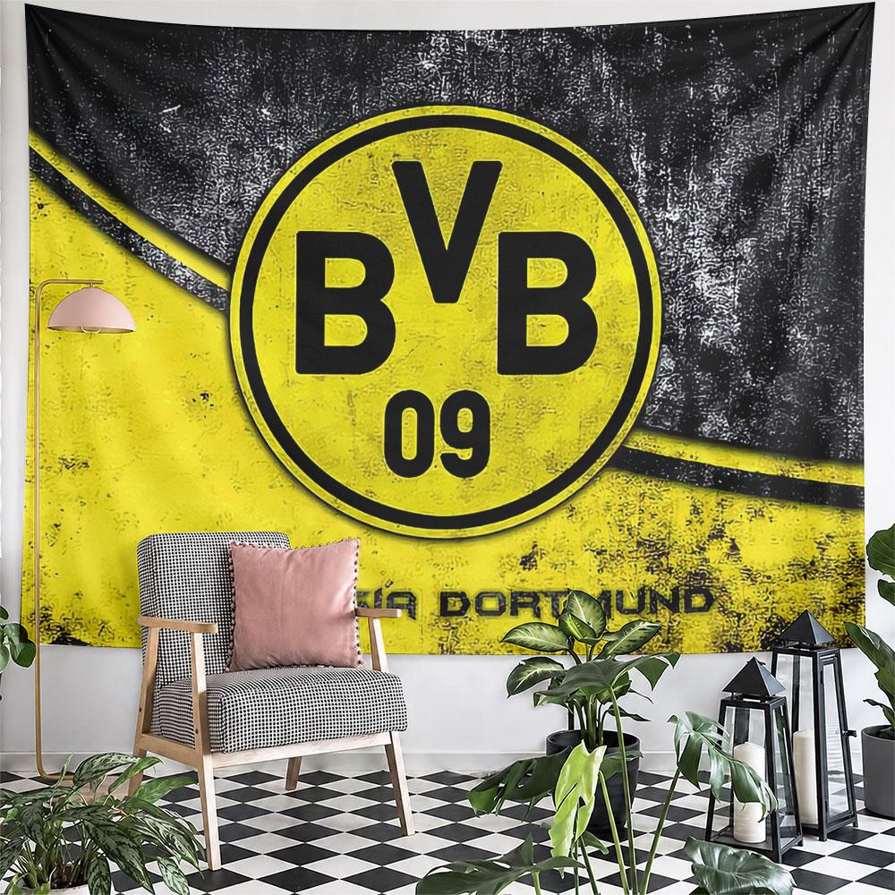 Yellow circle with "BVB 09" text on a grunge black and yellow background. Patterned tapestry for bedroom and living room home decor
