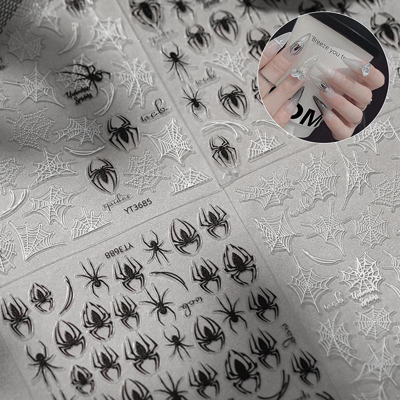 5D Relief Halloween Spider Nails Sticker Black Spiders Cobweb Embossed Diy Manicure Decals