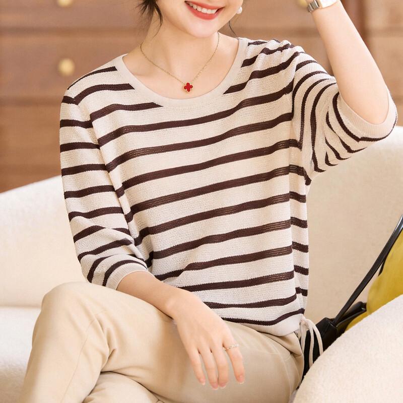 Women s Striped Gauze Sleeve Knit Top L