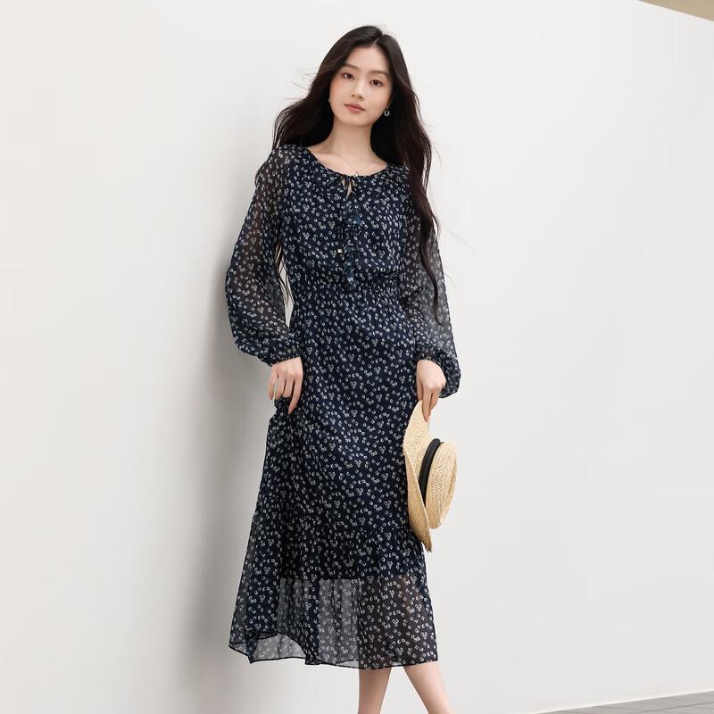 Sancai 2026 Autumn French Floral Ruffle A-line Long Sleeve Dress