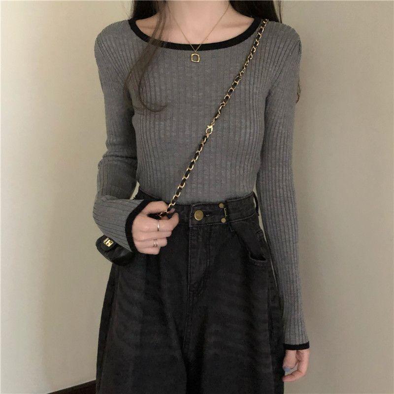 Autumn Korean Style Contrast Color Ribbed Long Sleeve Knitwear Women's Slim Fit Inner Base Layer Top