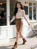 Feiyuan Women's Retro Plaid Wool Midi Skirt with Belt - Stylish Korean Pencil Skirt for Early Spring