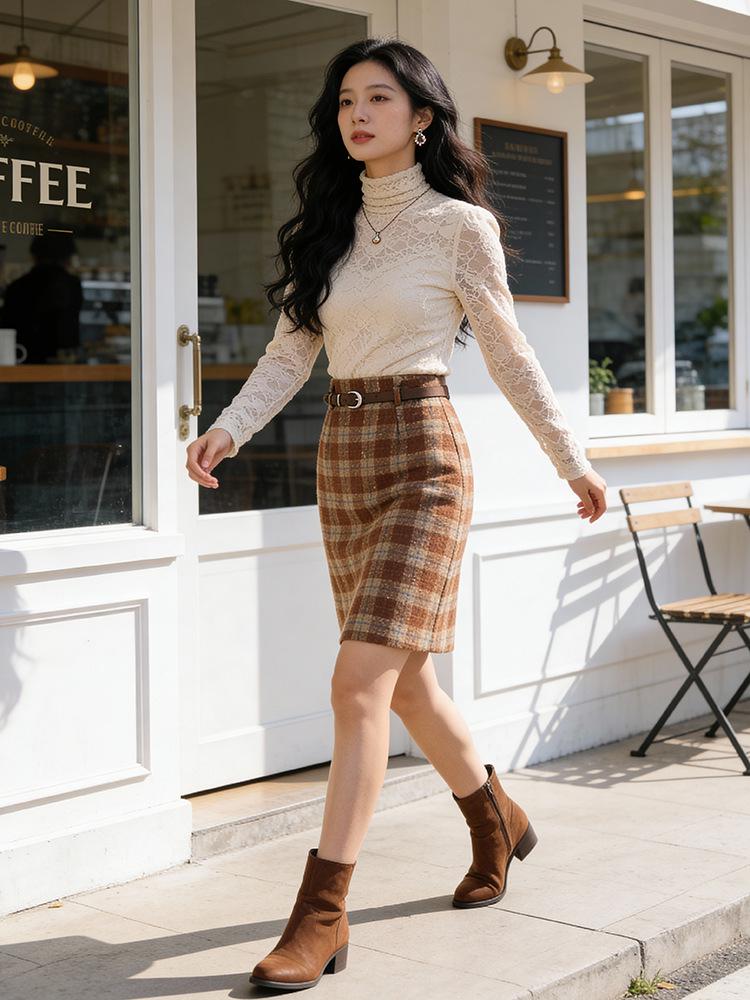 Feiyuan Women's Retro Plaid Wool Midi Skirt with Belt - Stylish Korean Pencil Skirt for Early Spring