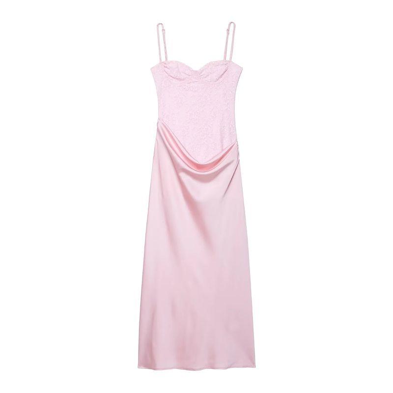 

Summer New Product Women s Clothes Elegance Style U-Neck Sleeveless Lace Satin Patchwork High Waist Long Sling Dress Pink L