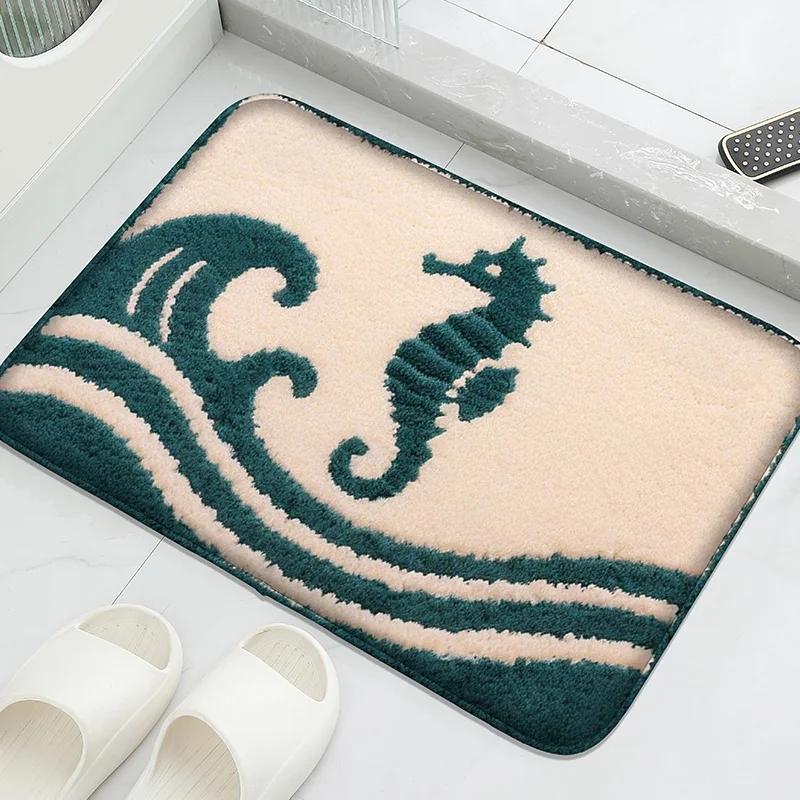 Ocean Themed Bathroom Floor Mat Toilet Water Absorbing Foot Carpet Mat Bathroom Door Mats Machine Washable Retro Home Decoration