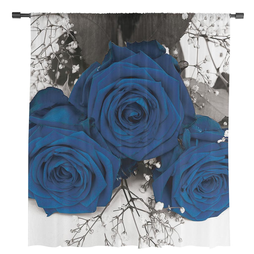 Blue Rose Flower Tulle Curtains for Living Room Printed Sheer Voile Curtain Bedroom Window Screening Drapes Blinds Home Decor