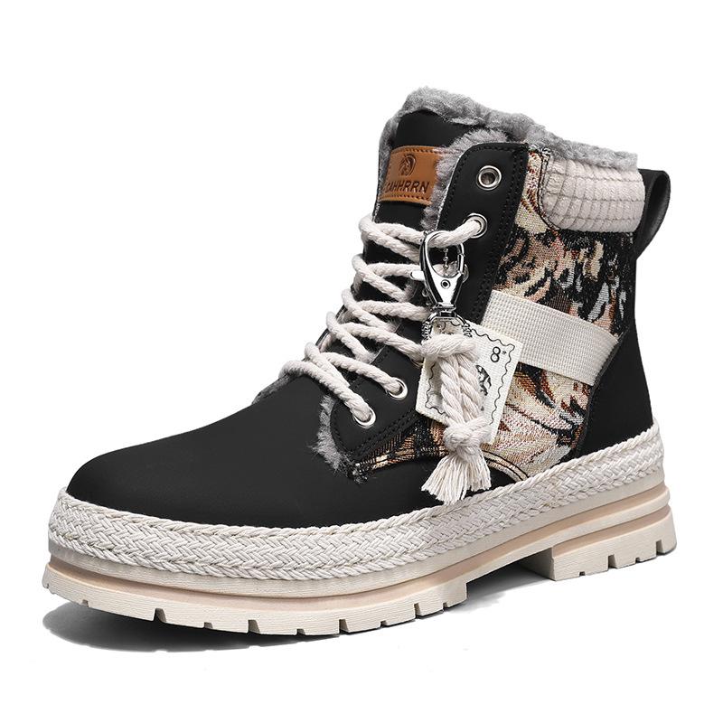 Nové zimní sametové párové martensky na silné podrážce: Teplé motorkářské boty s medvídkem