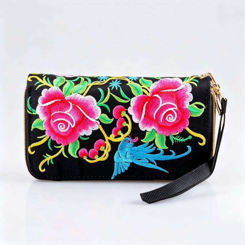 Ethnic Embroidered Purse With Zipper Closure For Women Mini Phone Wallet Organizer