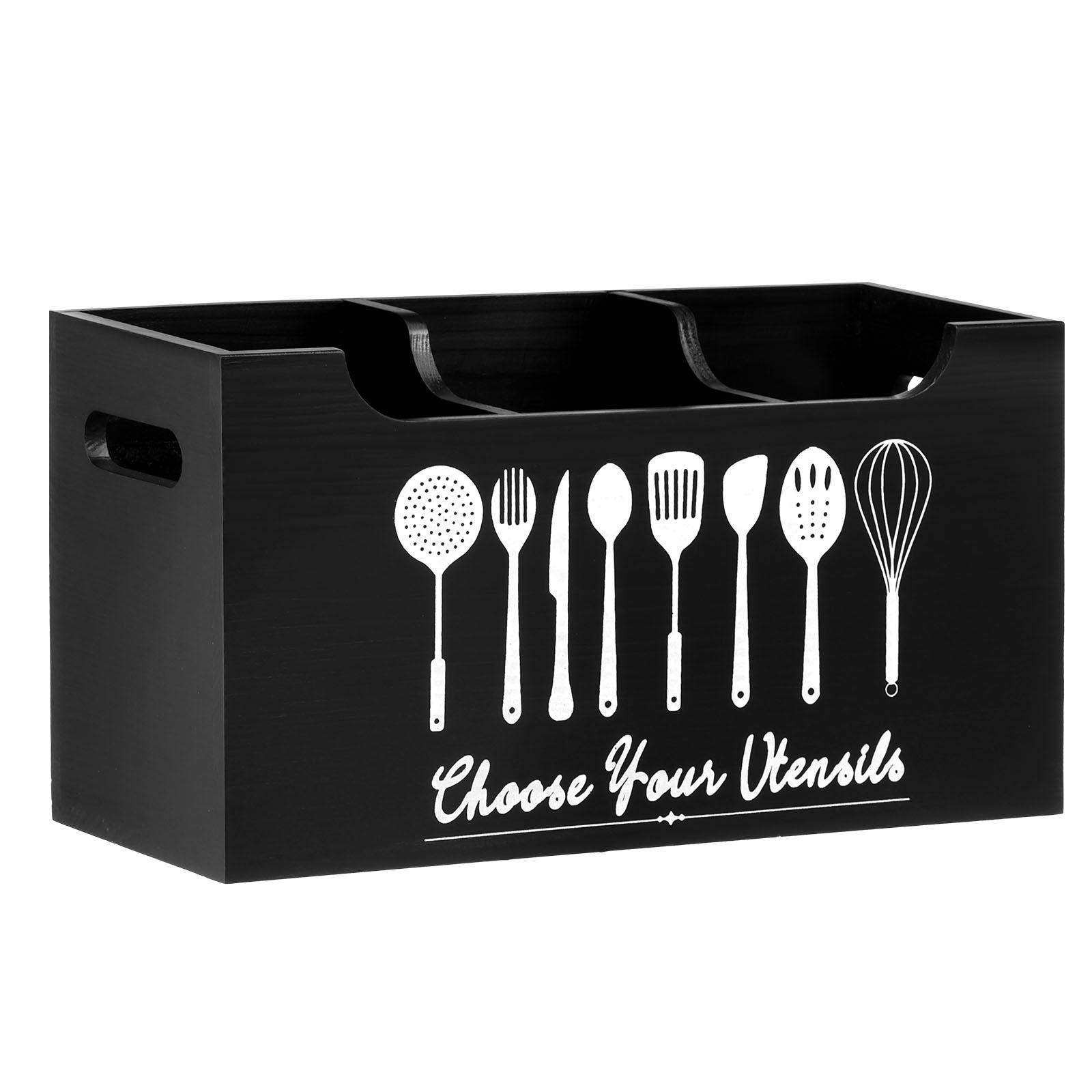 Wood Kitchen Utensil Holder with 3 Compartments and Drainage Bottom Large Utensil Organizer Multipurpose Cooking Tools Organizer