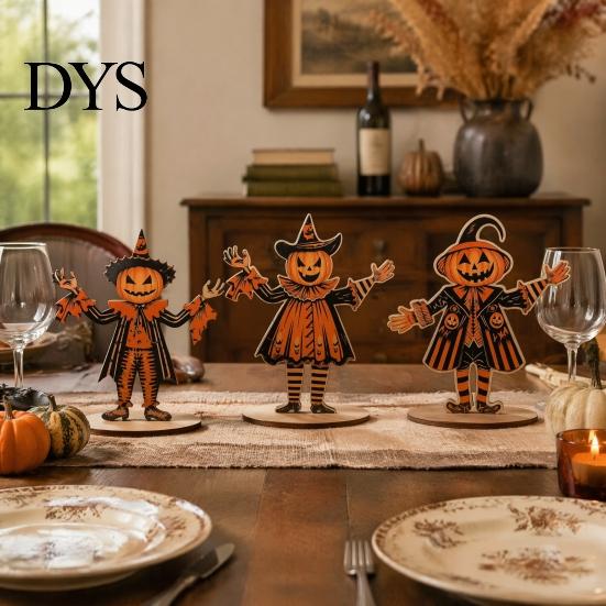 Vintage Halloween Party Supplies 3Pcs Wooden Pumpkin Scarecrow Ornaments, Table Centerpiece, Handcrafted Autumn Favors Desktop Decoration for